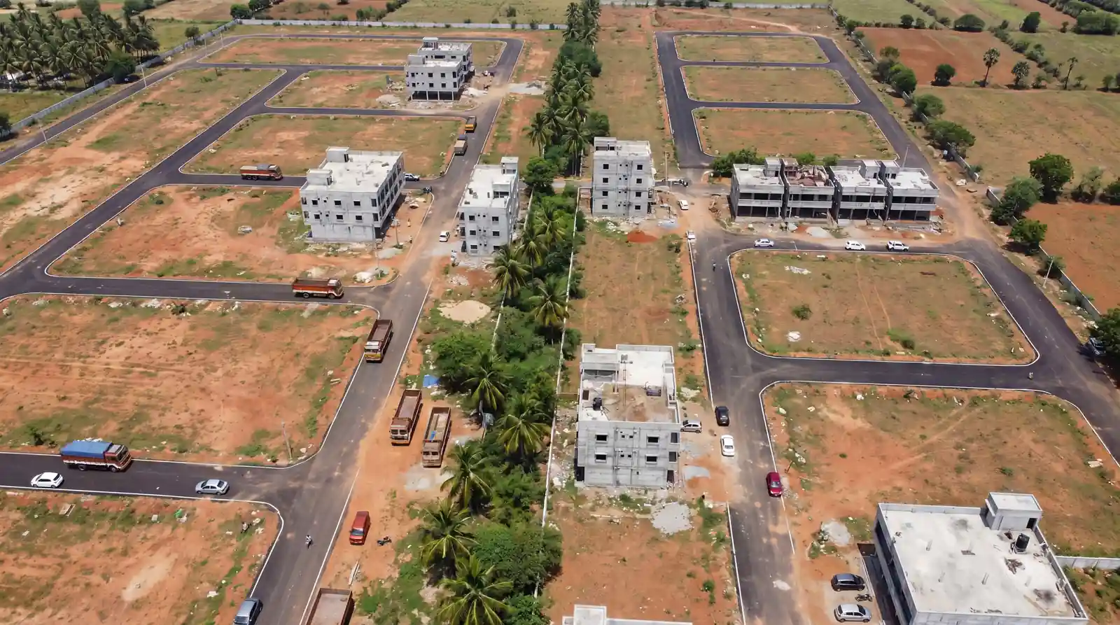 Aerial view — commercial property in Amaravati, plotted commercial layout and roads in Andhra Pradesh