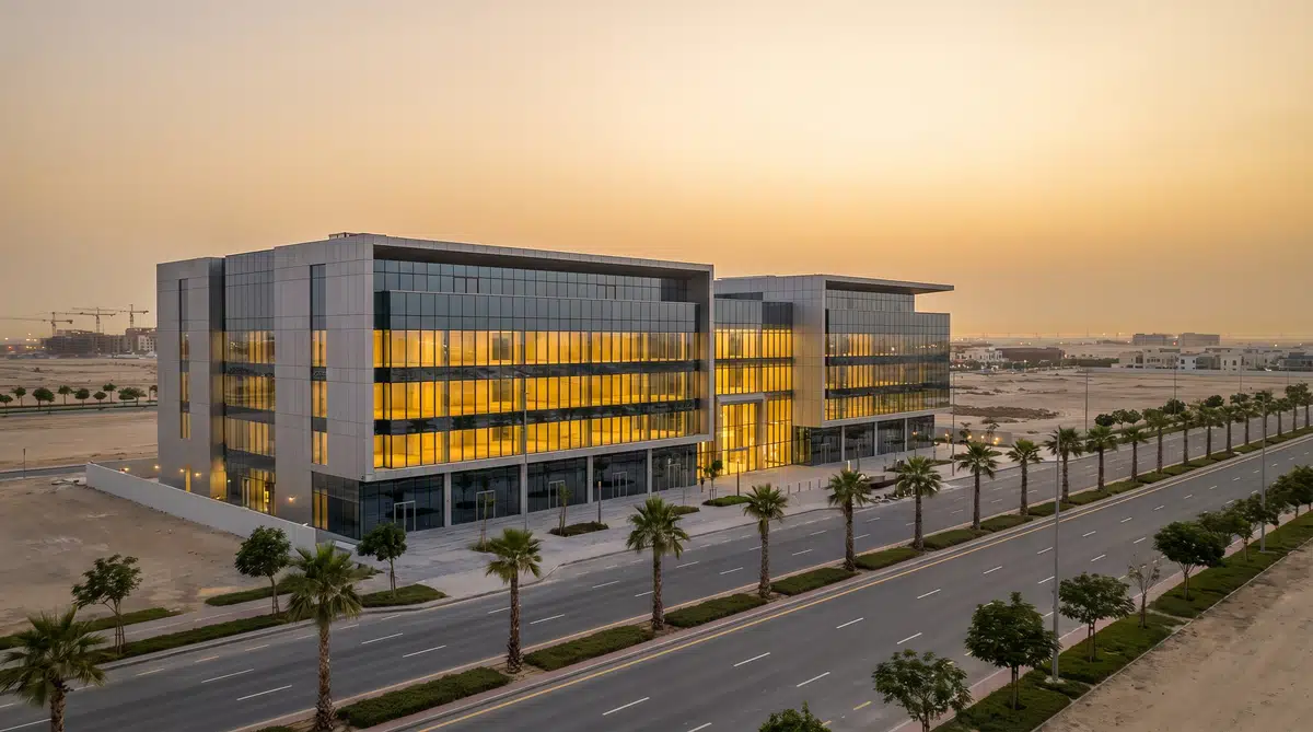 Modern commercial building at dusk, Amaravati Capital Region