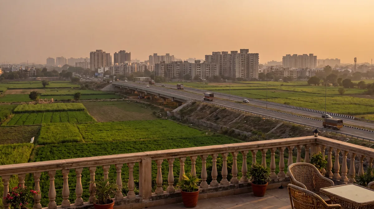 Indian-style farmhouse elevation — luxury farmhouse for sale in Amaravati, terracotta roof and courtyard