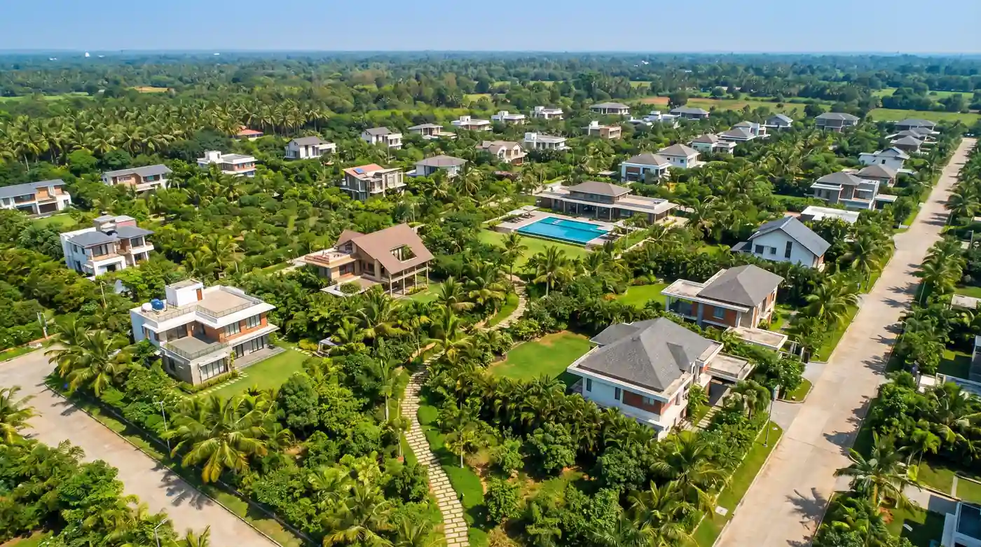Aerial view of premium farmhouse community with lush gardens, walking paths, and open green spaces