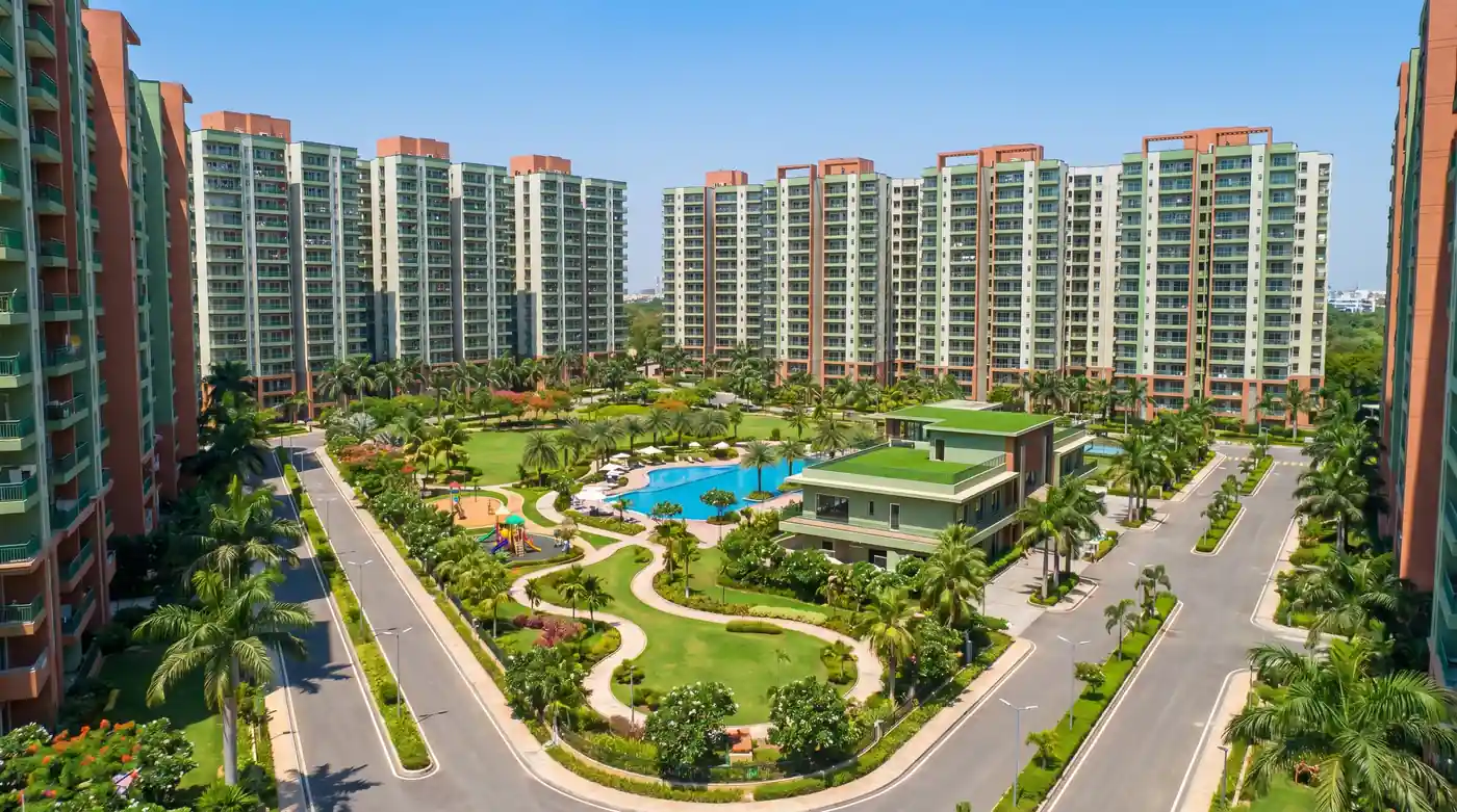 Aerial view of gated community flats in Guntur with landscaped gardens and pools