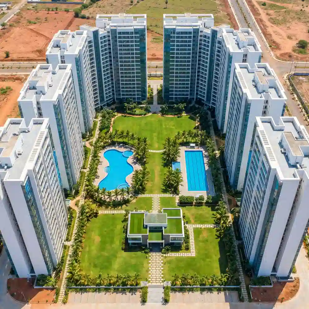Flats in Amaravati — residential towers around a central garden
