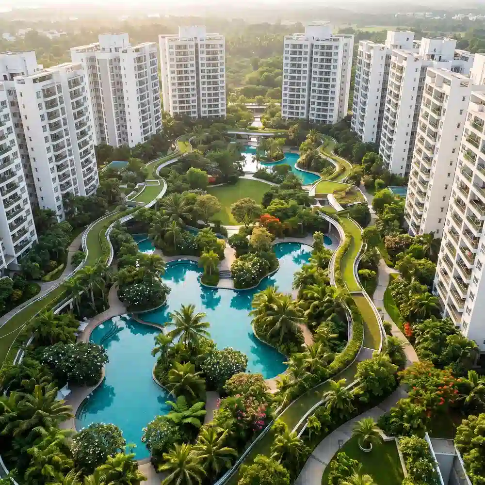 Flats in Kaza — residential towers around a central garden