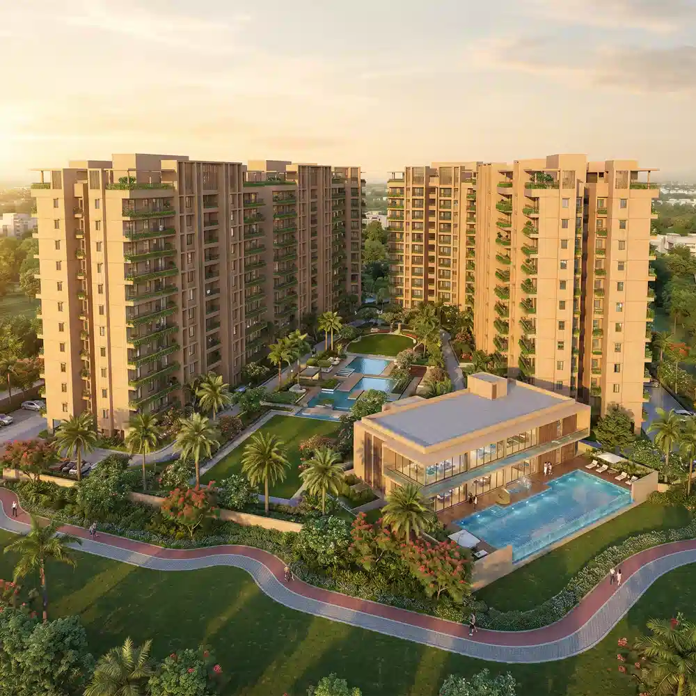 Flats in Mangalagiri — residential towers around a central garden