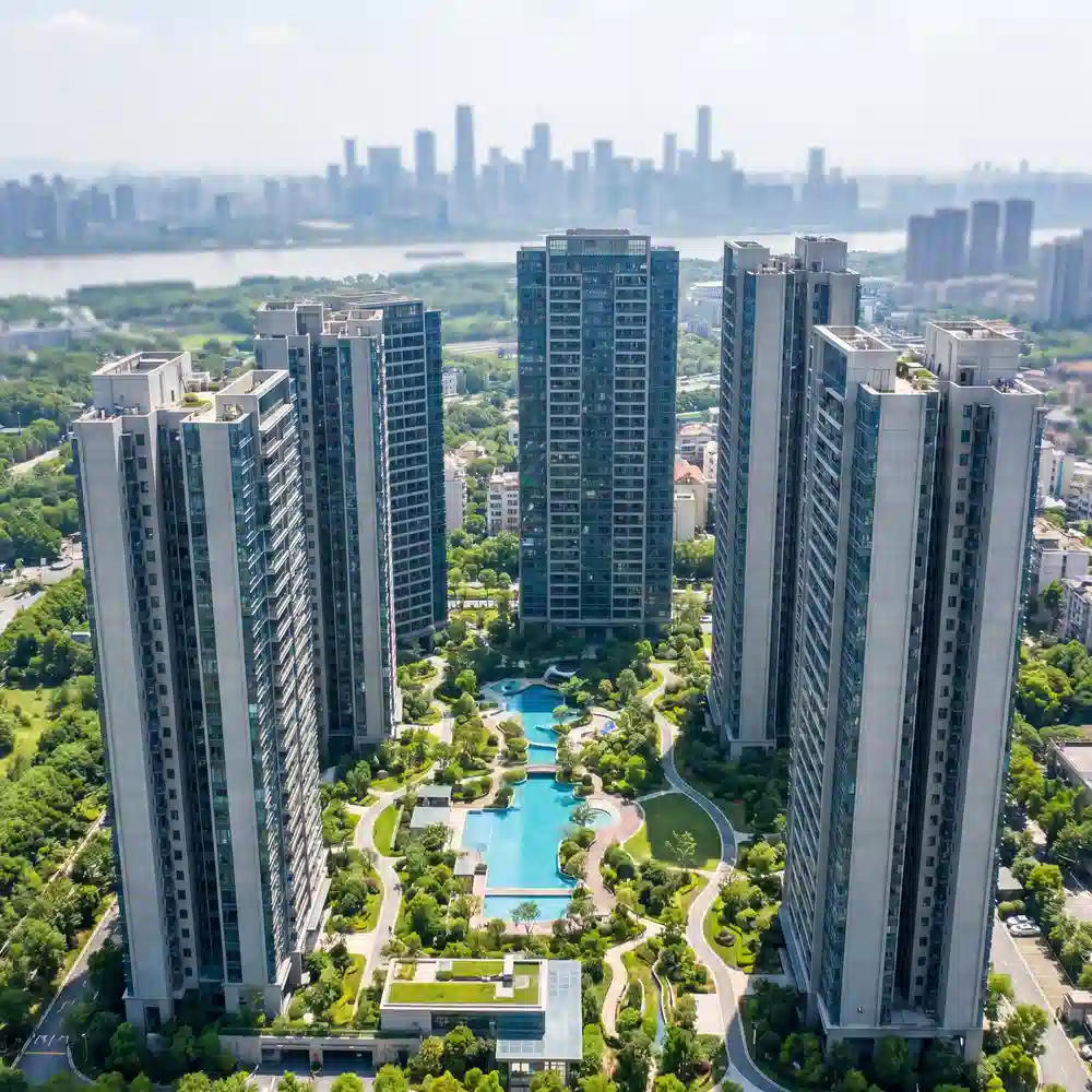 Flats in Vijayawada — residential towers around a central garden