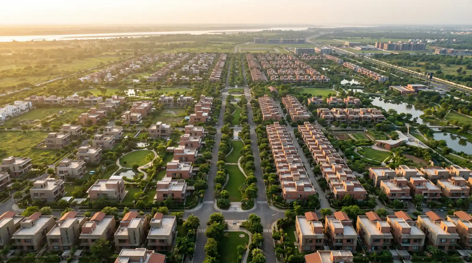 Aerial view of villa in Amaravati and independent house layouts — roads, plots, and greenery in Amaravati capital region