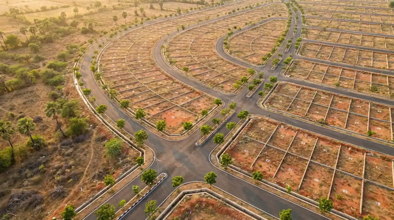 Aerial view — land for sale in Amaravati Andhra Pradesh, plotted layout and internal roads