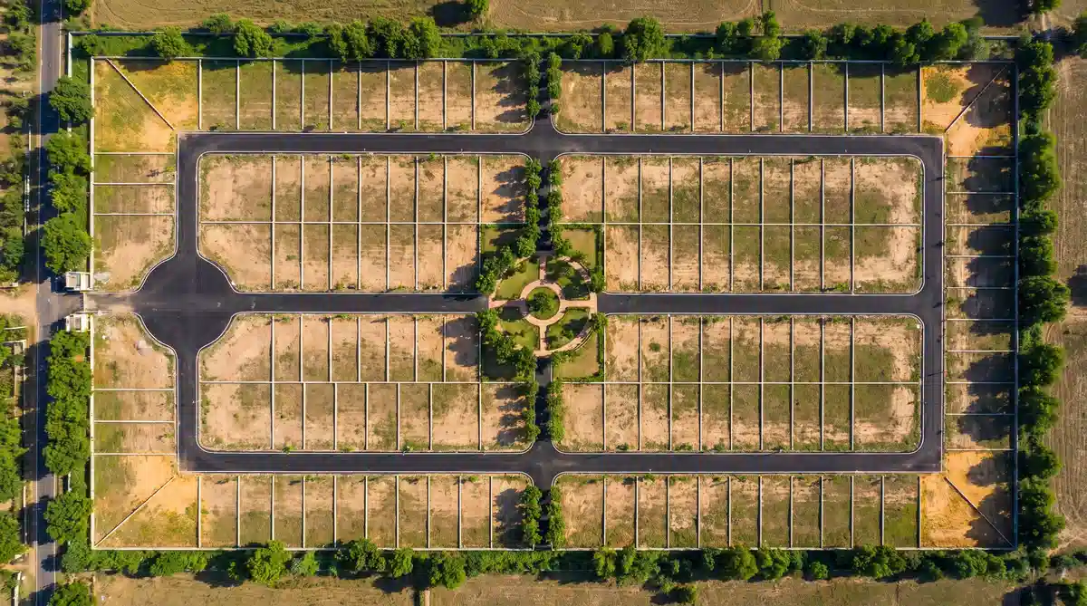 Aerial view of plotted land development with roads, green buffers, and marked plots